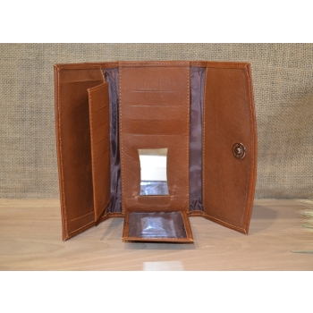 Portfel duży skórzany brązowy z kwiatowym kolorowym haftem .